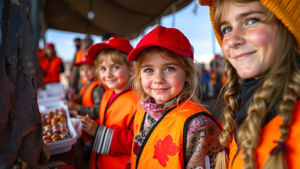 Fototapeta premium A group of young girls in orange vests and hats standing next to each other