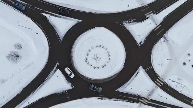 Winter Roundabout Aerial Top View - Snowy Road Intersection, Viimsi Peninsula, Estonia