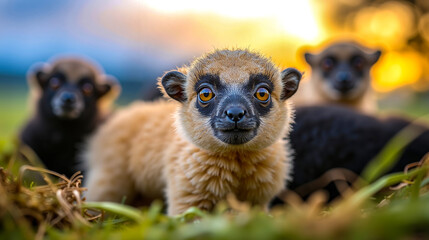 Fototapeta premium A group of lemurs sitting in the grass looking at the camera