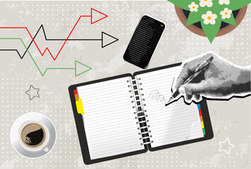 Trendy Halftone Collage Black and white hand writes in empty spiral note. Modern collage style. Vector illustration
