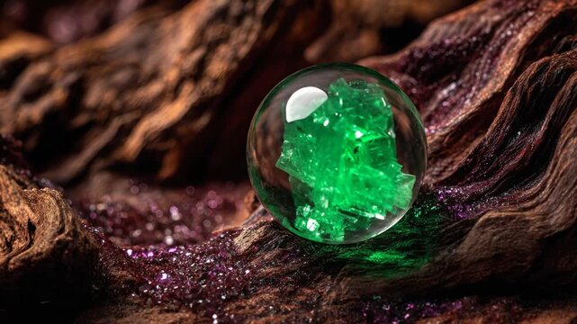 A translucent orb containing green crystalline structures rests amidst textured, organic brown and purple elements