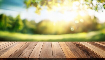 Wooden Table Foreground With A Sunny Blurred Green Landscape