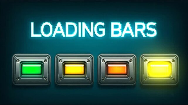 Digital art featuring metallic-framed boxes with glowing progress indicators, the word LOADING above