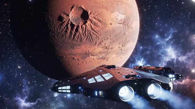 A spaceship journeying through space towards the planet Mars