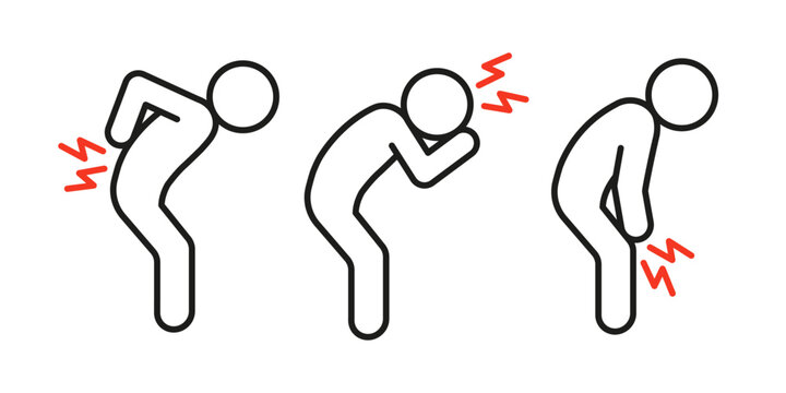 Man experiencing different body pains, including backache, headache, and knee pain. Health problem and medical condition concept for healthcare. Vector illustration