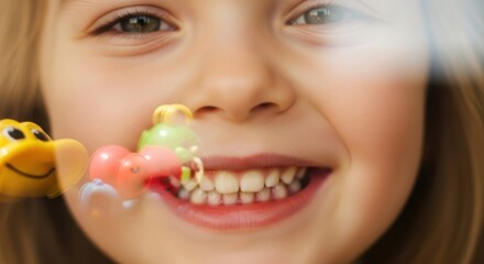 Fototapeta premium Joyful child smiling face pressed against clear glass surface with colorful toys. Expressive child smiling face displays playful happiness, showcasing small yellow car, green and red heart toys.