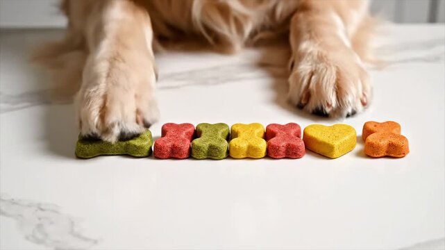 Golden retriever paws resting on a marble surface with colorful dog treats arranged in a row, including bone and heart shapes in green, yellow, and red
