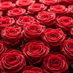 Obraz premium Numerous deep red roses densely packed together show glistening moisture droplets