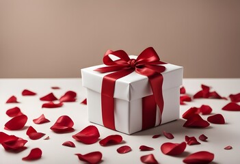 Romantic gift box decorated with red ribbon surrounded by rose petals for Valentine celebration.