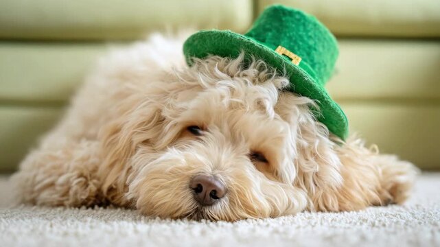 A cute white puppy wearing a green leprechaun hat lies on a soft green carpet next to a light-colored sofa