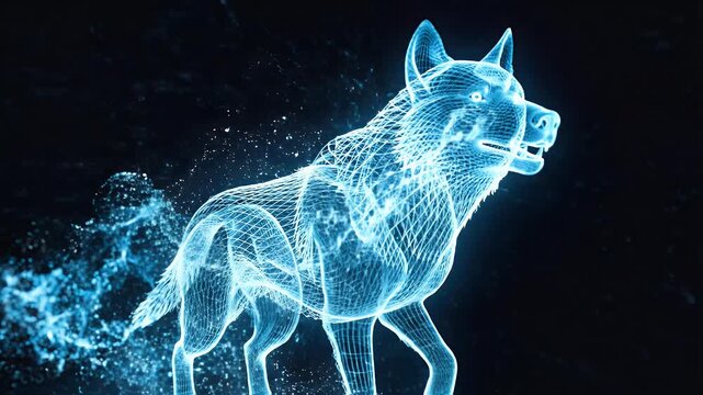 Futuristic Holographic Dog Running Through Digital Scene.
