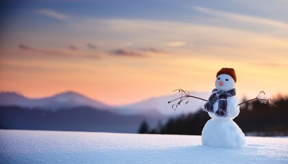 Cheerful Snowman In Winter Landscape At Sunset With Pastel Sky