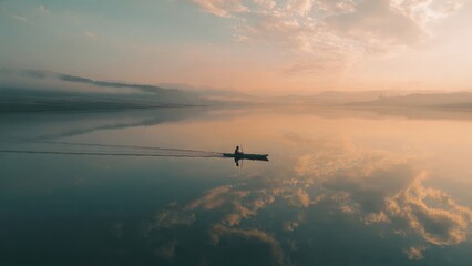 Fototapeta premium Kayaker on tranquil lake at sunrise