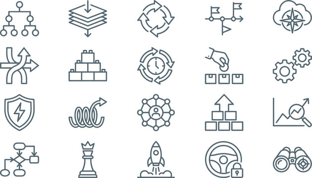 Comprehensive vector line icon set for abstract business, technology, data management, and process optimization concepts