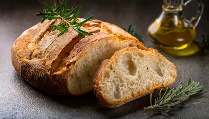 Artisan Bread Sliced With Olive Oil And Rosemary Sprigs On Textured Surface