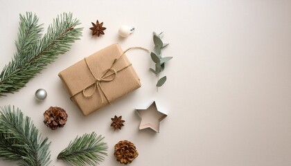 Minimal Scandinavian Christmas Flat Lay With Natural Decor And Gift
