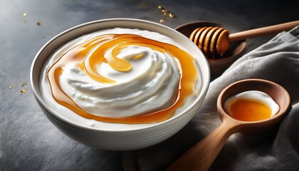 Delicious And Healthy Breakfast Of Creamy Greek Yogurt In Bowl Spoon Scoops Swirl Of Sweet Golden Honey Creating An Appetizing And Natural Fresh Food Experience
