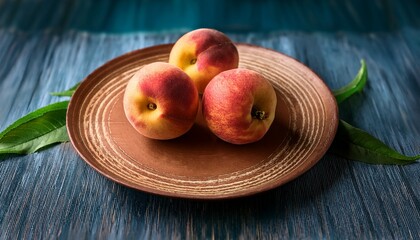 Three Delicious Peaches On A Rustic Plate Offering A Juicy Summer Snack