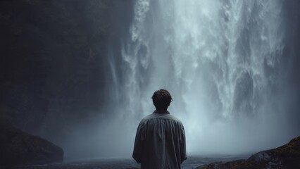Obraz premium Man Admiring Waterfall Landscape
