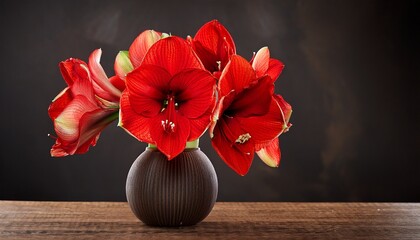 A Red Amaryllis Flower Arrangement In A Vase On A Wooden Table