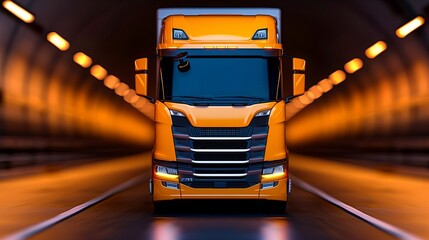 Fototapeta premium Bright orange automobile speeds rapidly through reflective underground pathway illuminated by lights