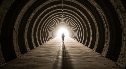 Fototapeta premium Lone figure walking towards bright light at end of light tunnel, symbolizing hope and journey. Long dark concrete light tunnel structure with person silhouetted, facing future.