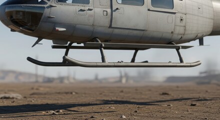 Obraz premium Helicopter landing skids hovering above arid ground, showing detailed undercarriage. This military helicopter landing operation occurs in dusty, remote desert environment.