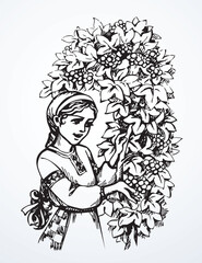 Vector drawing. Girl with viburnum