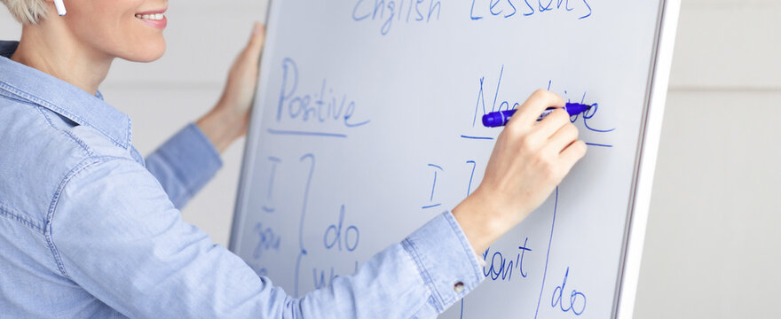 A teacher stands in front of a whiteboard, writing about English grammar. The lesson focuses on positive and negative sentence structures. Students are engaged in learning language skills.