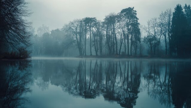 Mystical Lake Landscape with Foggy Trees