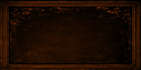 An empty vintage photo frame with an aged metal design rests on a dark grunge wooden board featuring a rough brown texture and a dirty antique paper surface