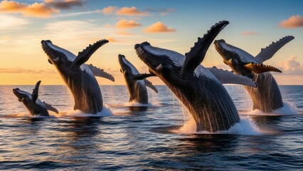 Fototapeta premium Group of Humpback Whales Breaching Ocean Surface.