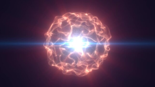 Abstract orange plasma energy sphere with bright blue lens flare and glowing wave membrane on dark background, futuristic science power core