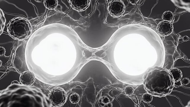 High Contrast Grayscale Close Up Of Two Fused Cells.