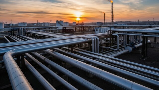 Industrial Pipelines at Sunset in Oil Refinery.