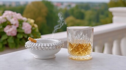 Fototapeta premium Crystal tumbler smoking ashtray on balcony. Soft afternoon light, amber whiskey glinting, porcelain ashtray