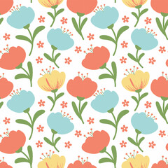 Cheerful Poppy & Daisy Field (poppies, daisies, buds in orange, blue, yellow with green stems on white)