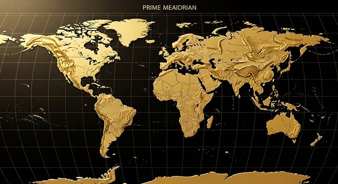 Three dimensional raised relief world map displays continents in shining gold against a dark background