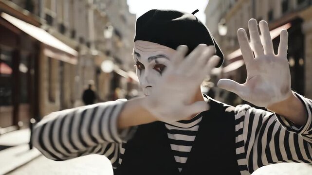Dramatic Mime Artist Performing Street Theater