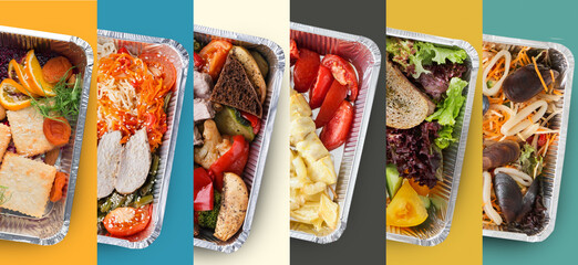 The display shows several food trays filled with various dishes. Each tray features different...