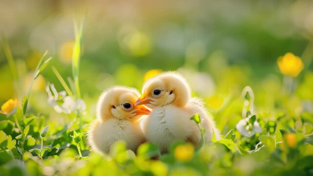 Two fluffy chicks playing on green grass among small yellow flowers in a sunny field during springtime