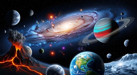 Diverse celestial bodies and a swirling galaxy populate a dramatic cosmic scene