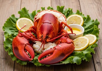 A plate of steamed lobster with lemon and melted butter on a wooden table