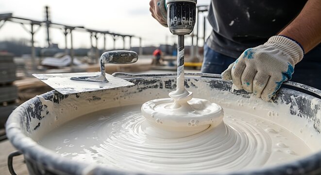 A construction worker wearing gloves is using a powerful electric mixer to prepare white plaster or mortar in a large bucket.