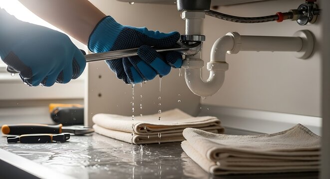 A plumber wearing blue protective gloves is tightening a leaking pipe under a sink with an adjustable wrench, with water dripping.