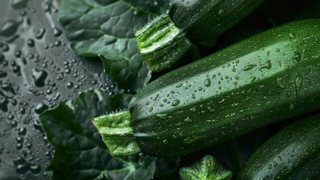 Fresh zucchini and leafy greens on dark surface with water droplets in kitchen setting during daytime