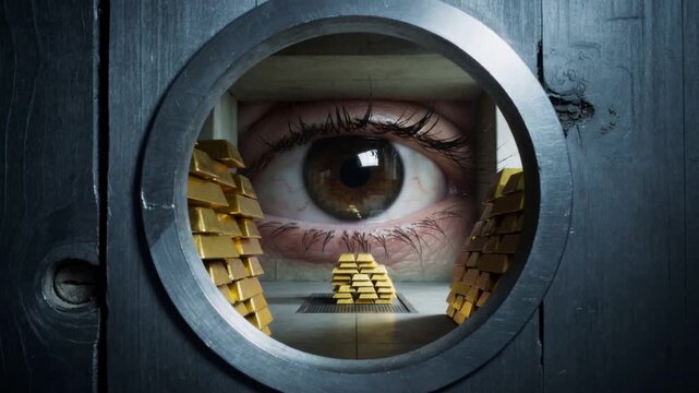 &OElig;il g&eacute;ant observant un tr&eacute;sor d&rsquo;or &agrave; travers un hublot blind&eacute;