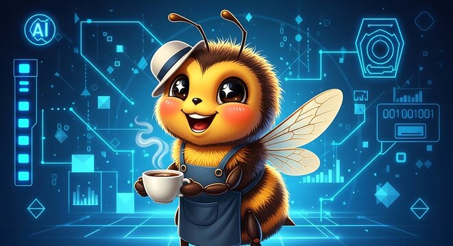Adorable, cheerful insect mascot holding a cup of warm beverage against a glowing digital backdrop