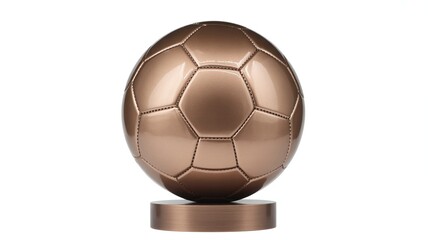A sleek studio shot of a shimmering bronze soccer ball trophy on a matching base against a clean white background.