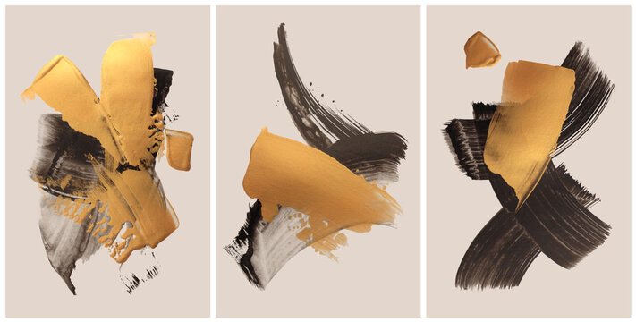Art oil, Acrylic, Ink brush stroke smear painting blot. Abstract texture gold, bronze, black color stain on neutral beige background. Set, triptych.